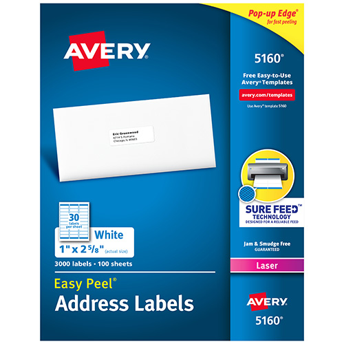 Etiqueta Avery 5160, laser, 1 x 2-5/8 pulgadas (2.5 x 6.7cms)